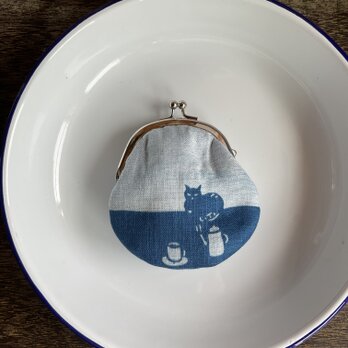 藍染 がま口「お茶の時間に来たねこ」の画像