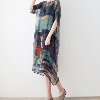 送料０♪上品.桑蚕糸ワンピース2点セット.ゆったり (グレー)