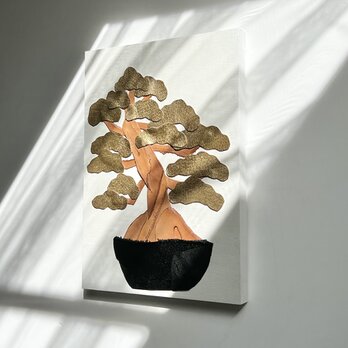 レザーのコラージュアート（盆栽） A4サイズ 木製パネル 一点ものの画像