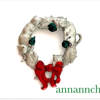 【稀少　ヴィンテージ　クリスマスリース　　猫　の　ブローチ】クリスマス