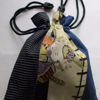 ７３６２　お宮参り着と土佐紬で作った巾着袋　＃送料無料の画像