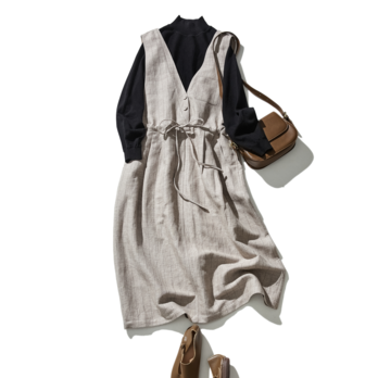 シルエットで魅せる、上質感のあるストライプジャンパースカート　コットンリネン 　230930-1の画像