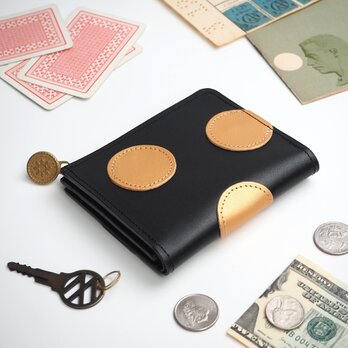 Ｌ字ファスナー 財布（水玉 ゴールド / ブラック）本革 コンパクトの画像