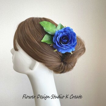 薔薇と葉っぱの髪飾り（青/ブルー）　青　青い薔薇　髪飾り　ブルー　フローレス　フラメンコ　ダンス　バラ　ヘッドドレスの画像
