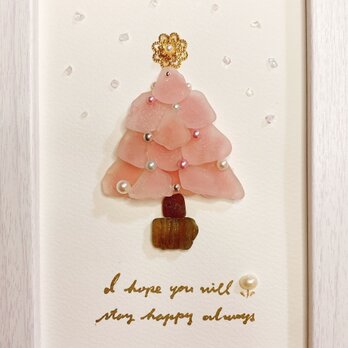 シーグラスアート　クリスマスツリー　ピンク　ヒーリングアート　絵画　インテリア　飾りの画像