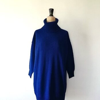 【再再再…販】軽くてふんわり暖かウール混オフタートルネックチュニックワンピース　コバルトブルー