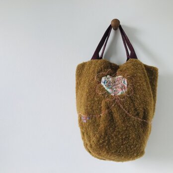 Bag   手縫いのバッグ　  布製　本革持ち手　スローファッション　ハンドメイド　1864の画像