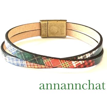 【ヨーロッパ製本革 　タータンチェック　2連　ブレスレット】マグネット留め　