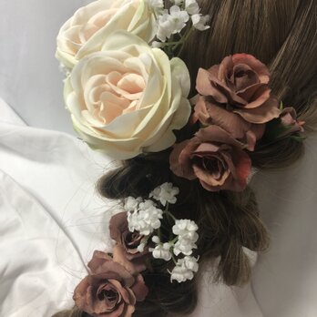 くすみピンク系カラーグラデーションのヘッドドレス　チョコレートバラ・ミニバラ・かすみ草の髪飾り ウェディング・結婚式・プリンセスの画像