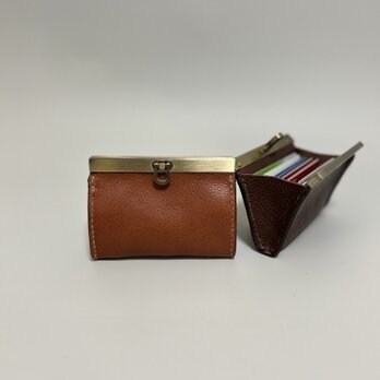 イタリアンレザー直線がま口財布◆ブラウン　カード入れ　名刺入れ　コンパクト財布　キャッシュレスの画像