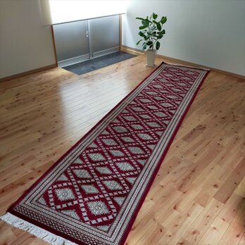 軽くて畳める手織り パキスタン絨毯 ハイクオリティ 廊下敷き 344x80cm　レッドの画像