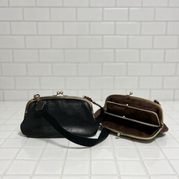 姫路レザー携帯も入る2way親子がま口◆黒　1番大きなsize スマホショルダー　ポシェット　送料無料　車掌バック