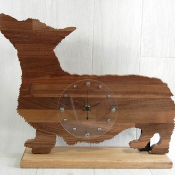 犬形時計（電波時計）　ウェルシュ・コーギー【木製（ウォルナット集成材）】（置き・掛け兼用時計）の画像