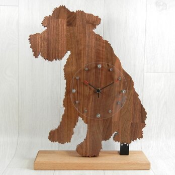 犬形時計（電波時計）　ミニチュアシュナウザー（座り）【木製（ウォルナット集成材）】（置き・掛け兼用時計）の画像
