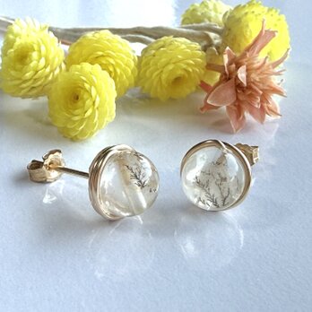 デンドリティックインローズクォーツ 1粒ピアス  14kgf　希少石