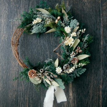 Christmas harf wreath -forest green white-の画像