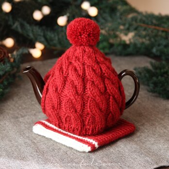 ティーコージー＆ポットマット ワインレッド [受注制作] ニット ウール 編み物 毛糸 ギフトラッピング クリスマスギフトの画像