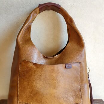 【受注制作】one shoulder bag　マスタード✗ダークブラウン　オイルシュリンクレザーの画像