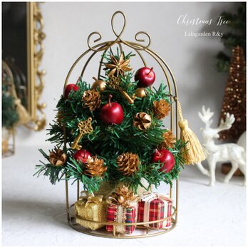バードゲージクリスマスツリー　プレゼントを添えて…　タータンチェック　高さ24㎝　R＆yCH87の画像