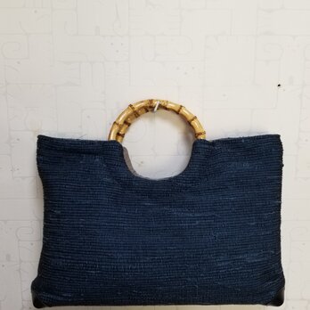 リング持ち手　裂き織りバッグ　（青）の画像