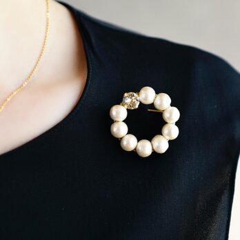 【ブローチ】コットンパール スワロフスキークリスタル リース