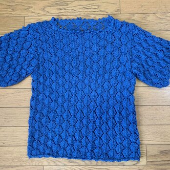 ハープサルレース編みの半袖ニット（コバルトブルー）の画像