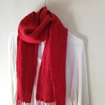 真っ赤なマフラー　手紡ぎ手織り　メリノーウールの画像