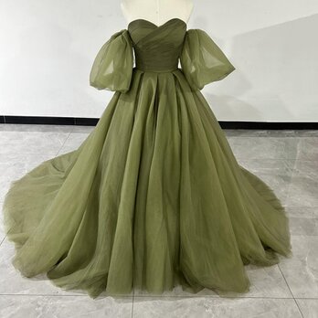 高品質！カラードレス グリーン ベアトップ トレーン ビスチェドレス 花嫁/ウェディングドレスの画像