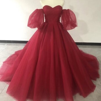 高品質！カラードレス 赤 ベアトップ トレーン ビスチェドレス 花嫁/ウェディングドレスの画像