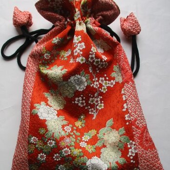 ７４４８　絞りと花柄の訪問着で作った巾着袋　#送料無料の画像