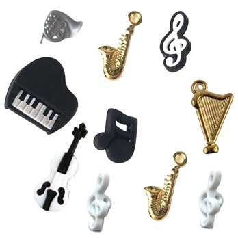 アメリカ ボタンガローア ボタン10個セット-楽器と音符　D b-1333d ハープ ピアノ バイオリン サックス ホルンの画像