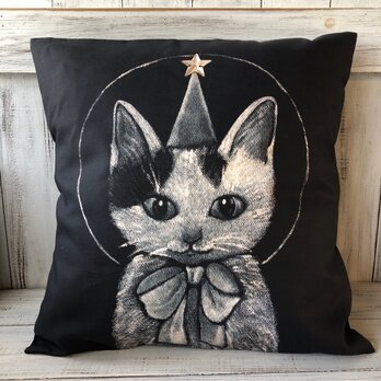 星月猫★「魔法猫ににこ」アート　クッションカバー　45㎝クッション対応　コットン100％ 猫 キノコ 猫木霊の画像