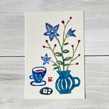 ポストカード2枚セット・型染め「コーヒーと秋の花」の画像