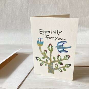 封筒付きグリーティングカード「花咲く木と鳥」・型染めの画像