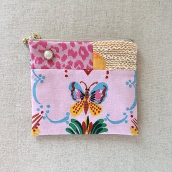 【送料無料】小さなパッチワークポーチ　ピンク　カラフルな蝶々の画像