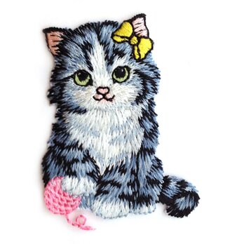 アップリケワッペン ピンクの毛糸とリボン子猫 アメリカンショートヘア W-0360 ねこ　キャットの画像