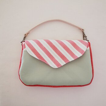 おでかけポーチ　黄緑赤ストライプ×赤・薄緑