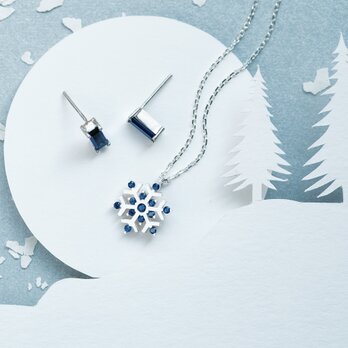 2点set)  サファイア 雪の結晶 ネックレス & スクエア ピアス シルバー925の画像