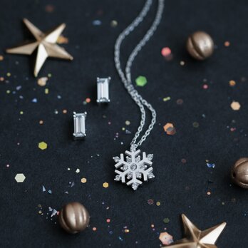 x-mas set・¥1000off) 雪の結晶 ネックレス & スクエア ピアス シルバー925の画像