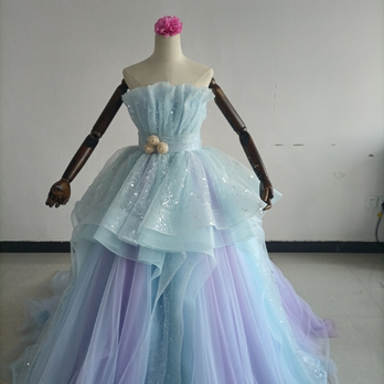 美品！紫青 カラードレス 柔らかく重ねたチュールスカート キラキラチュール 花嫁 前撮りの画像