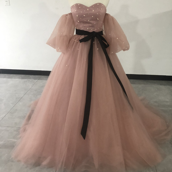可愛い パーティードレス ピンク 取り外しふわふわ袖 サッシュベルト 憧れのドレス 花嫁の画像
