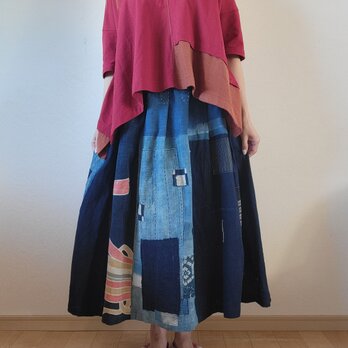 着物リメイク　手作り　BORO襤褸　パッチ　スカートの画像