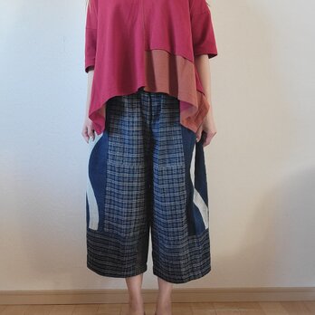 着物リメイク　手作り　珍しい残糸織　パンツの画像