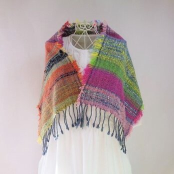 手織り・コートの首元を彩る・ショートサイズ・ウールマフラー・裂き織り入りの画像