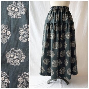 レディのためのティアードスカート：85cm（花紋コーデュロイ：チャコールグレー）の画像