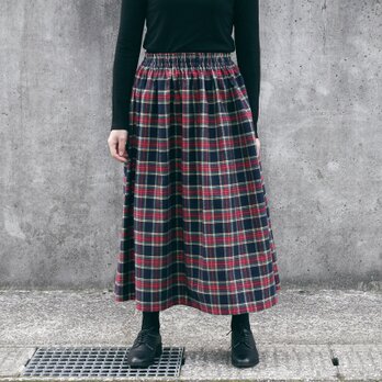 上品で大人な色合い タータンチェック ギャザースカート（ ネイビー × レッド ）紺 起毛の画像