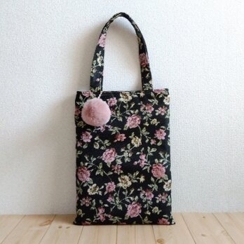 ファーボール A4ぺたんこトートバッグ 1点物 薔薇柄 バラ柄 クリスマス 黒  558
