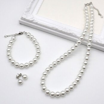 【スタッドピアス】パールアクセサリー３点セット【ピアス・ネックレス・ブレスレット】