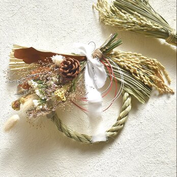 稲穂垂れるナチュラルなしめ縄飾り　お正月ドライフラワーの画像