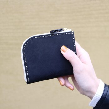 【名入れ、ラッピング無料】手縫いのL字ファスナー小さい財布 イタリアンレザー"MARGOT/マルゴー" BLACK《受注製作品》の画像